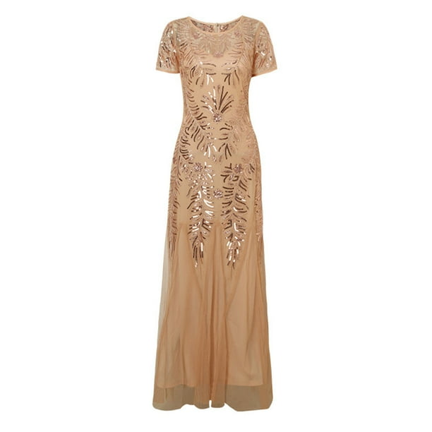 slim fit dress slacks Illusion Deep V-Neck Spaghetti Strap Glitter Mesh Long Dress w/ Open Back L / Rose Gold main image 0
