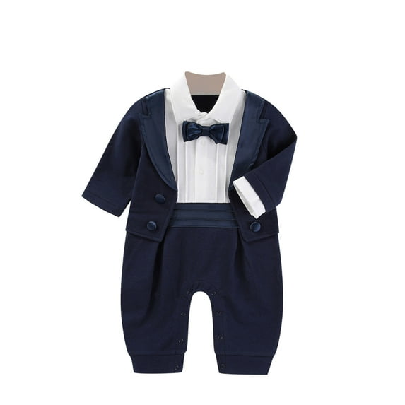 qolati Newborn Baby Boys' Gentleman Rompers Long Sleeve Printed Jumpsuit Outfit Tuxedo Footie One-Piece Bodysuit Infant Clothes with Bow Tie