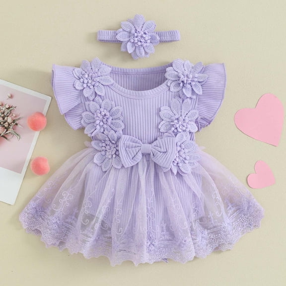 qolati Newborn Baby Girl Romper Dress Flower Girl Dress Short Sleeve Mesh Tutus Dress Infant Girls Lace Embroidery Jumpsuits Summer Festival Clothes with Headband 0-24 Months