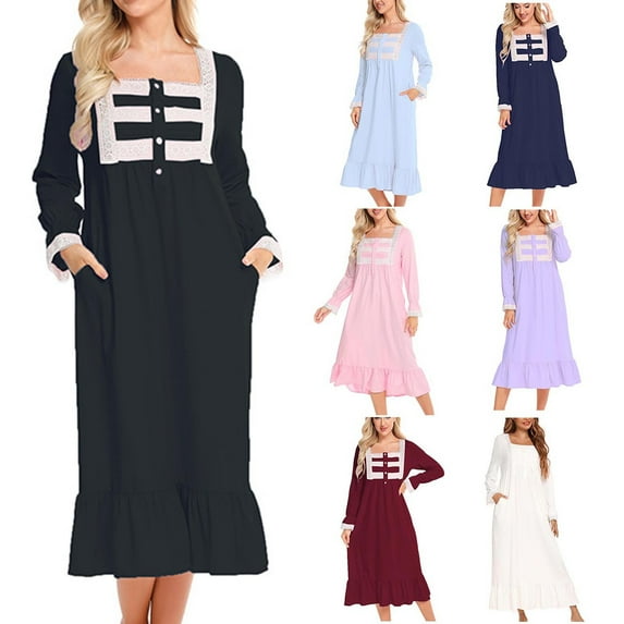 qolati Nightgown for Women Cute Lace Square Neck Puffy Long Sleeve Nightdress Casual Loose Fit Comfy Button Up Ruffle Swing Boho Maxi Dress Nightshirt