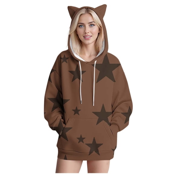 qolati Novelty Hoodies for Women Long Sleeve Cute Cats Ears Hooded Pullover Fall Fashion Loose Fit Casual Sweatshirts Winter Clothes S-2XL