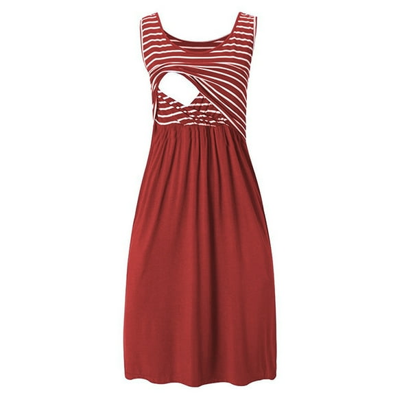 qolati Nursing Dresses for Women Stripe Print Sleeveless Patchwork Maternity Breastfeeding Dress Comfy Soft Pleated A-Line Knee Length Pregnancy Dress