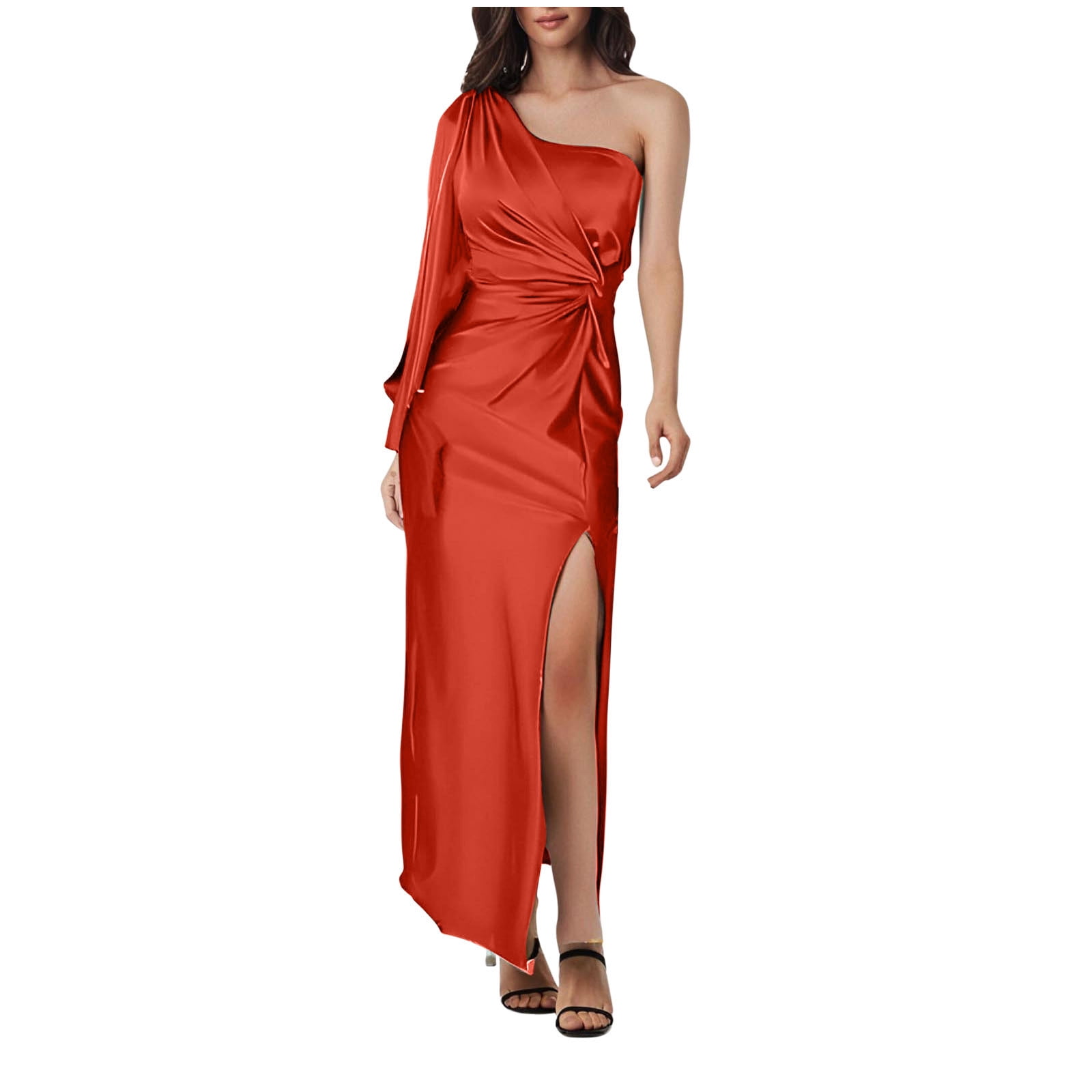 Elegant One Shoulder Side Slit Mermaid Floral Satin Maxi Floral Formal Dresses For Women