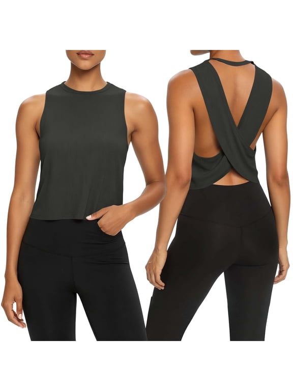 Open Back Workout Tops for Women Ribbed Knit Sleeveless Cropped Tank Tops Backless Yoga Running Shirts Athletic Clothes Black S