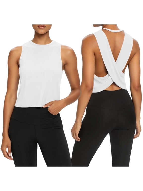Open Back Workout Tops for Women Ribbed Knit Sleeveless Cropped Tank Tops Backless Yoga Running Shirts Athletic Clothes White S