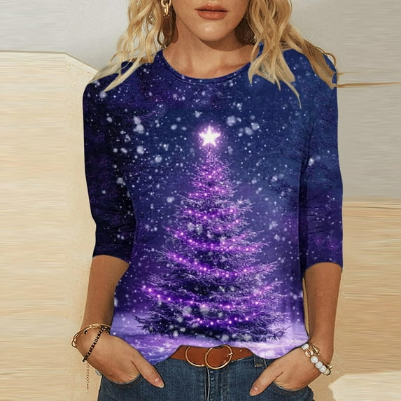 qolati Oversized Christmas T-Shirts 3/4 Sleeve Length Holiday Graphic Tee with Flash Glitter Xmas Tree Print Cute Casual Loose Fit Tunics Blouse for Party Multicolor M