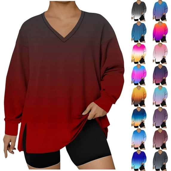 qolati Oversized Pullover Tops for Women Side Slit Workout Gym Sweatshirts V Neck Long Sleeve T Shirts Casual Basic Tees Plus Size Clothes for Women Purple XXXL