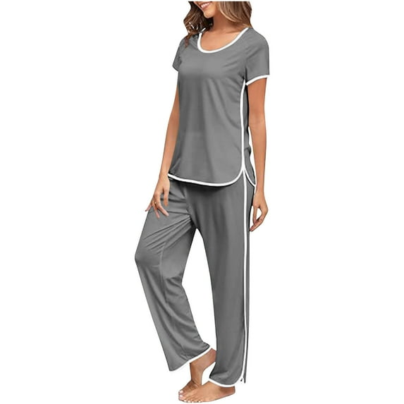 qolati Pajama Set for Womens Soft Comfy Crewneck Short Sleeve Pullover Top and Long Pants Sleepwear Lounge Set Two Piece 2024 Matching Outfits Set