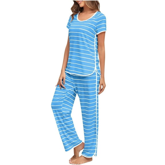 qolati Pajama Set for Womens Soft Comfy Crewneck Short Sleeve Pullover Top and Long Pants Sleepwear Lounge Set Two Piece 2024 Matching Outfits Set