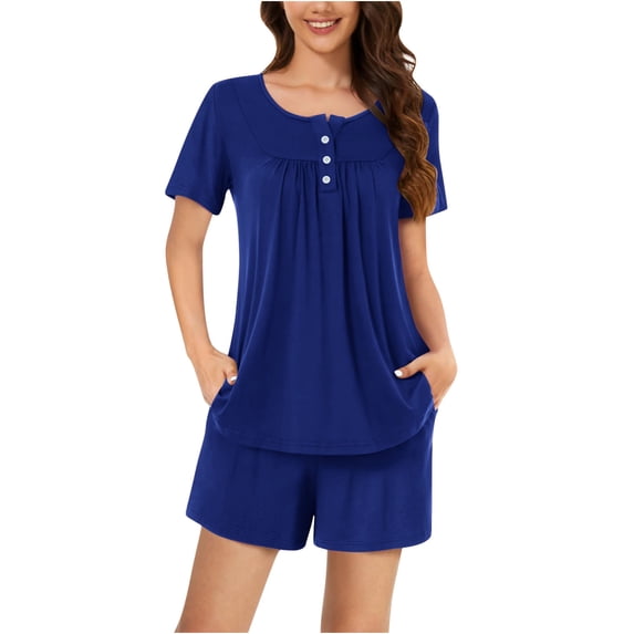 qolati Pajama Sets for Women 2 Piece Scoop Neck Button Up Pleated Short Sleeve Tee Shirts Mini Shorts Loungewear Shorts Set Two Piece Pjs Beach Vacation Outfits