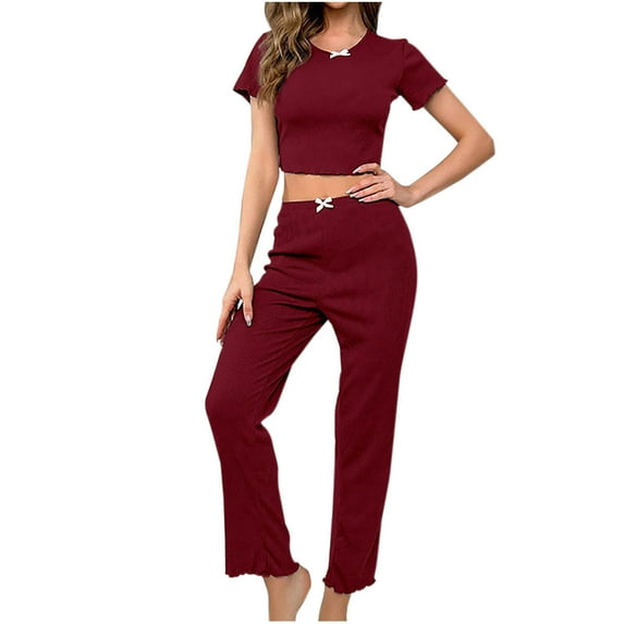qolati Pajama Sets for Women 2 Piece Pjs Short Sleeve Cropped Tops and Long Pants Soft Lounge Sets Comfy Sleepwear