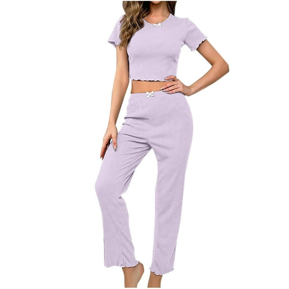qolati Pajama Sets for Women 2 Piece Pjs Short Sleeve Cropped Tops and Long Pants Soft Lounge Sets Comfy Sleepwear