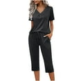thumbnail image 1 of qolati Pajama Sets for Women 2 Piece Soft Short Sleeve Sleepwear V Neck Top Capri Pants with Pockets Comfy Loose Pjs Lounge Matching Sets, 1 of 9