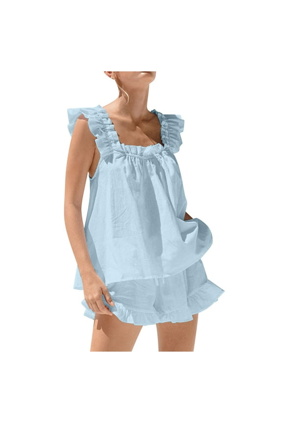 Pajama Sets for Womens Cute Summer Ruffle Trim Sleeveless Tank Top Lounge Shorts Pjs Set Y2k 2 Piece Sleepwear