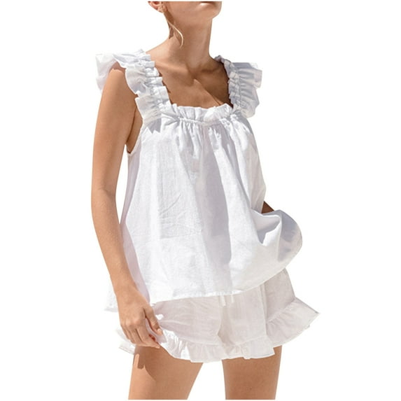 Pajama Sets for Womens Cute Summer Ruffle Trim Sleeveless Tank Top Lounge Shorts Pjs Set Y2k 2 Piece Sleepwear