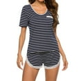 thumbnail image 1 of qolati Pajamas Set for Women Casual Striped Print Crew Neck T-Shirts and Shorts Nightwear Lounge Sets Comfy Soft Short Sleeve Sleepwear Summer PJs 2 Piece Outfits, 1 of 7
