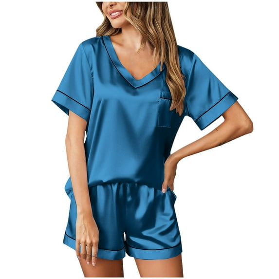 qolati Pajamas Set for Women Satin Short Sleeve Sleepwear Top and Shorts Soft V Neck Pjs Set Classic 2 Piece Loungewear Matching Outfits