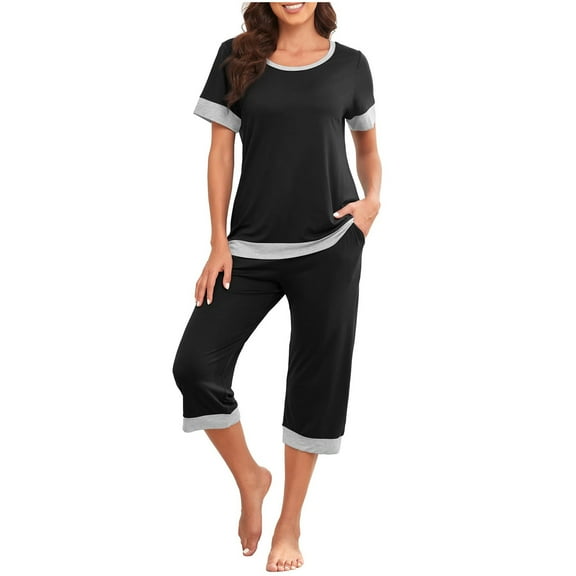 qolati Pajamas Set for Women Short Sleeve Sleepwear Capri Pants Pjs Sets Soft Loungewear Pjs Set with Pockets