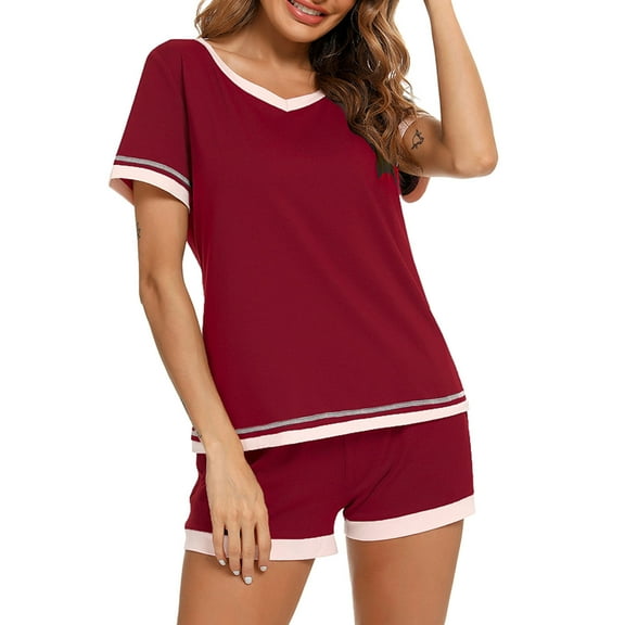 qolati Pajamas Set for Women Soft V Neck T-Shirts and Shorts Nightwear Lounge Sets Comfy Short Sleeve Sleepwear Summer PJs 2 Piece Outfits
