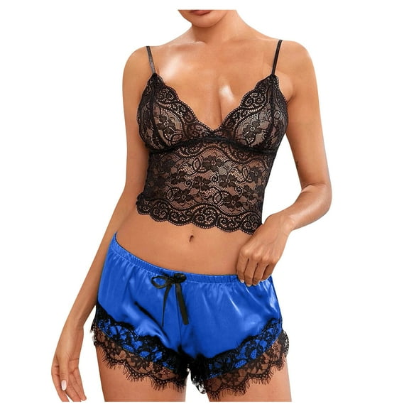 qolati Pajamas Sets for Women Floral Spaghetti Strap Lace Bralette with Satin Shorts Set Holiday Homewear Two Piece Floral Lace Sleepwear
