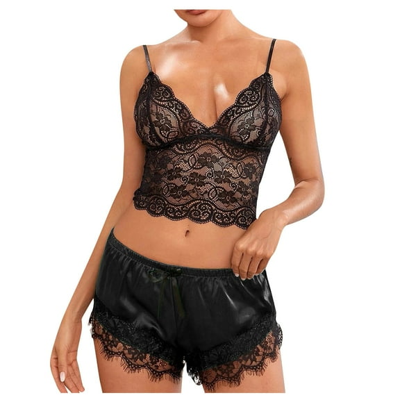 qolati Pajamas Sets for Women Floral Spaghetti Strap Lace Bralette with Satin Shorts Set Holiday Homewear Two Piece Floral Lace Sleepwear