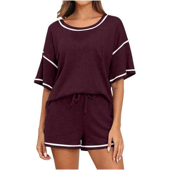 qolati Pajamas Sets for Women Waffle Knit Lounge Set Short Sleeve Pullover Top and Shorts Pjs 2 Piece Outfits Loungewear Sleepwear with Pocket