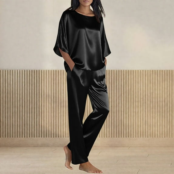 qolati Pajamas for Women Set 2 Piece Outfits Casual Loose 3/4 Sleeve Pullover Tops and Wide Leg Pants Set Satin Silk Pjs Matching Lounge Sets Black XL
