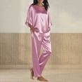 thumbnail image 1 of qolati Pajamas for Women Set 2 Piece Outfits Casual Loose 3/4 Sleeve Pullover Tops and Wide Leg Pants Set Satin Silk Pjs Matching Lounge Sets Pink XXL, 1 of 5