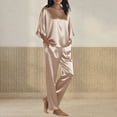 thumbnail image 1 of qolati Pajamas for Women Set 2 Piece Outfits Casual Loose 3/4 Sleeve Pullover Tops and Wide Leg Pants Set Satin Silk Pjs Matching Lounge Sets Beige L, 1 of 5
