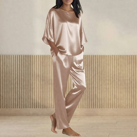 qolati Pajamas for Women Set 2 Piece Outfits Casual Loose 3/4 Sleeve Pullover Tops and Wide Leg Pants Set Satin Silk Pjs Matching Lounge Sets Beige L