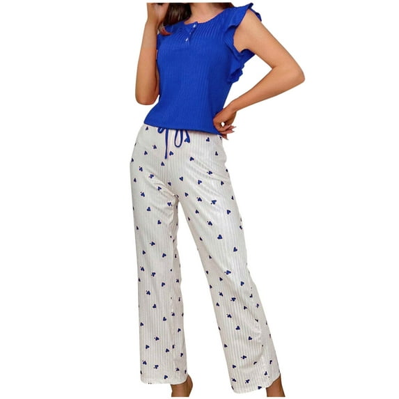 qolati Pajamas for Women Set 2 Piece Pjs Outfits Soft Ruffle Cap Sleeve Sleepwear Love Print Wide Leg Pants Ladies Lounge Sets
