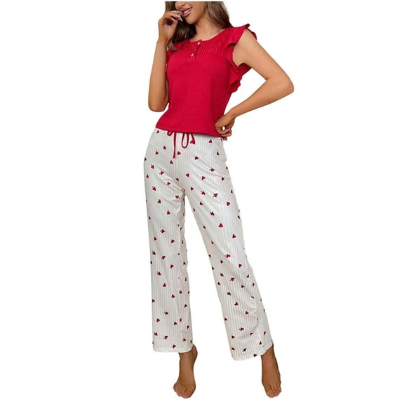 qolati Pajamas for Women Set 2 Piece Pjs Outfits Soft Ruffle Cap Sleeve Sleepwear Love Print Wide Leg Pants Ladies Lounge Sets