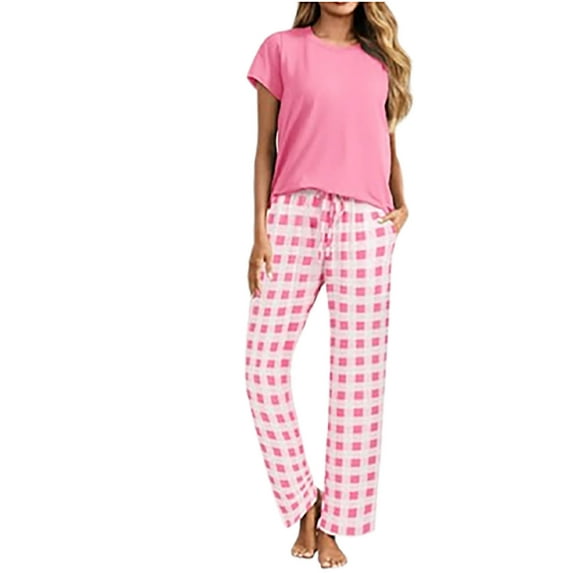 qolati Pajamas for Women Set 2 Piece Pjs Outfits Soft Short Sleeve Sleepwear Plaid Long Pants Ladies Lounge Sets