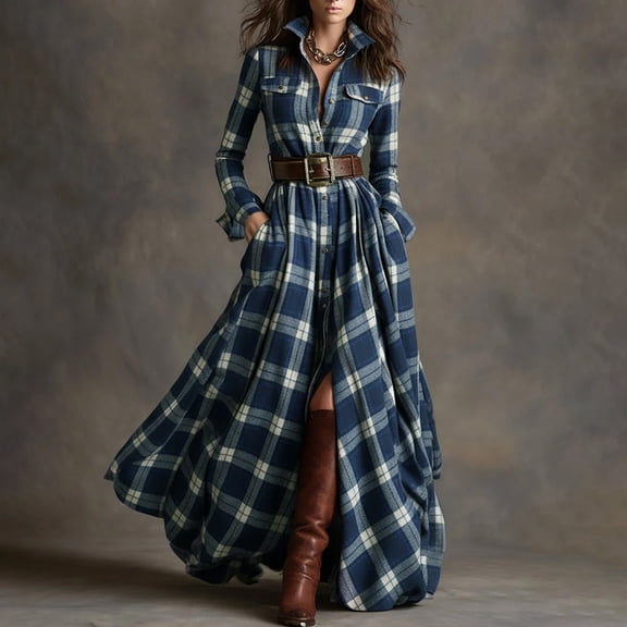 qolati Plaid Dresses for Women Vintage Long Sleeve Maxi Dress with Belted Western V-Neck Boho Dress Elegant Slit Hem Lapel Collar Button Down Long Cocktail Dresses Blue M