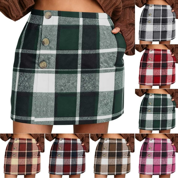 qolati Plaid Mini Skirt for Women Wool Blend High Waist A Line Pencil Skirts Casual Bodycon Skirt Christmas Business Short Dresses Green M