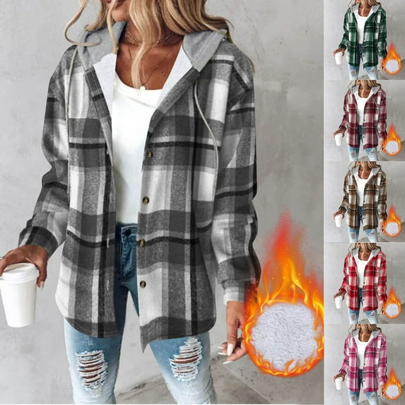 qolati Plaid Shirts Jackets for Women Casual Button Down Long Sleeve Shacket Jacket Warm Coat Fleece Lined Hoodie Casual Trendy Blouse Top Brown XL