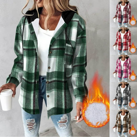 qolati Plaid Shirts Jackets for Women Casual Button Down Long Sleeve Shacket Jacket Warm Coat Fleece Lined Hoodie Casual Trendy Blouse Top Hot Pink L