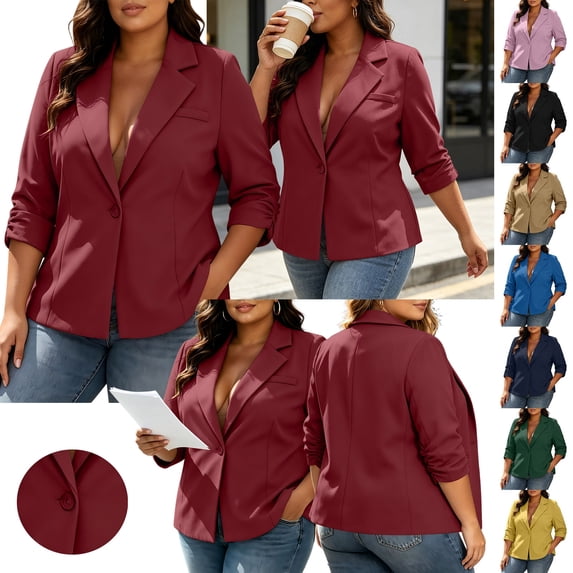 qolati Plus Size Blazers for Women Casual Open Front Button 3/4 Sleeve Jackets Work Office Business Lapel Collar Suit Blazer, Size, L-5XL