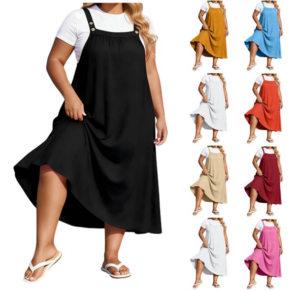qolati Plus Size Dresses for Women Summer Button Strap Sleeveless Jumper Dress Ruched Front Square Neck A-Line Casual Loose Fit Flowy Maternity Dress Size,XL-5XL Black XXL