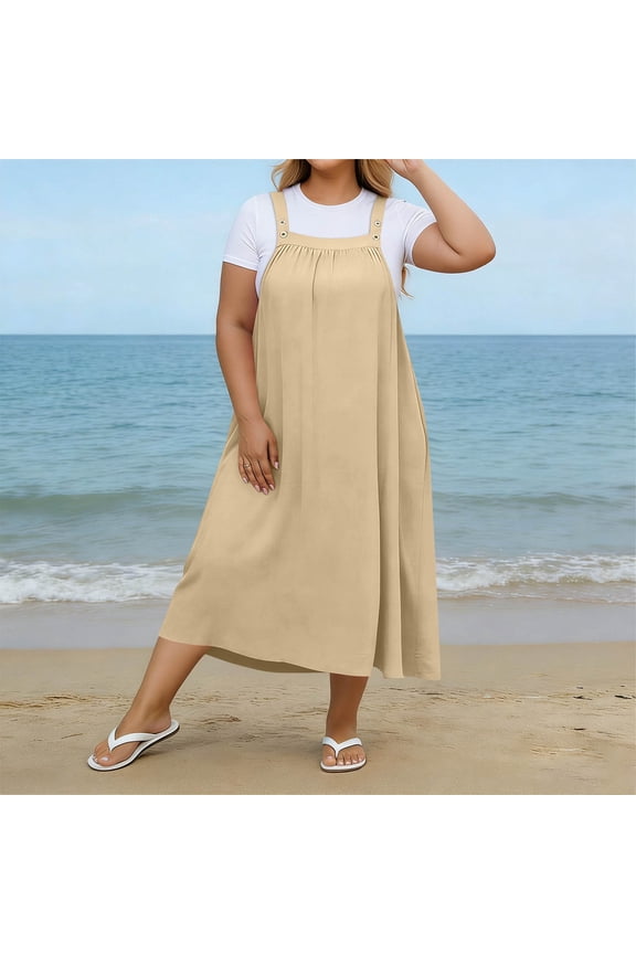 Plus Size Dresses for Women Summer Button Strap Sleeveless Jumper Dress Ruched Front Square Neck A-Line Casual Loose Fit Flowy Maternity Dress Size,XL-5XL Khaki XXXL