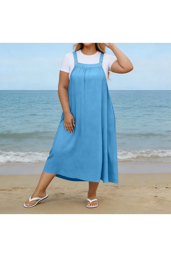 Plus Size Dresses for Women Summer Button Strap Sleeveless Jumper Dress Ruched Front Square Neck A-Line Casual Loose Fit Flowy Maternity Dress Size,XL-5XL