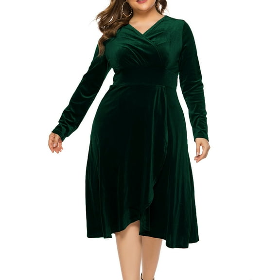 qolati Plus Size Dresses for Curvy Women Velvet Bodycon Dresses Elegant Ruched Wrap V Neck Long Sleeve Cocktail Party Midi Dress with Slit