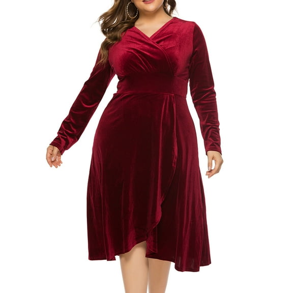 qolati Plus Size Dresses for Curvy Women Velvet Bodycon Dresses Elegant Ruched Wrap V Neck Long Sleeve Cocktail Party Midi Dress with Slit