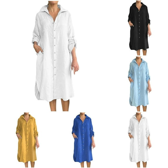 qolati Plus Size Dresses for Women Cotton Linen Long Sleeve Button Down Long Shirt Dress Vintage Casual Midi Dress with Pockets White S