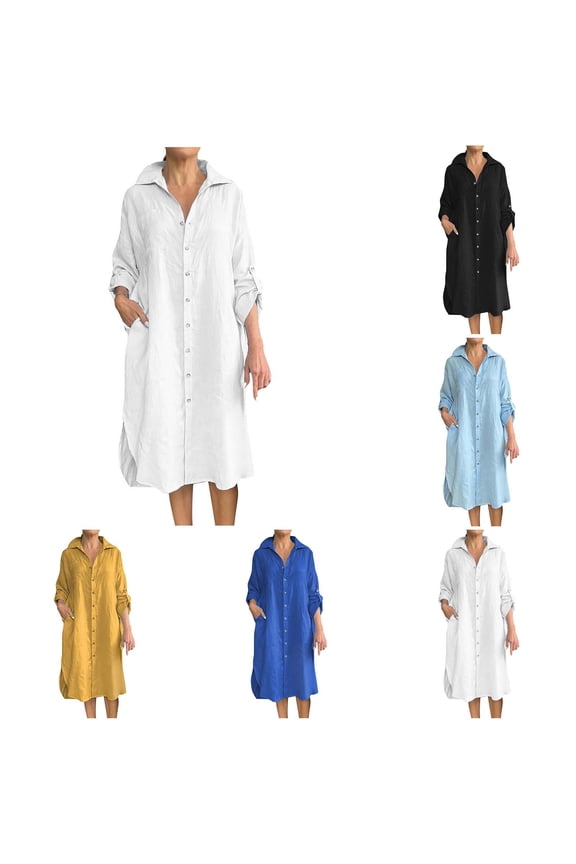 Plus Size Dresses for Women Cotton Linen Long Sleeve Button Down Long Shirt Dress Vintage Casual Midi Dress with Pockets White S