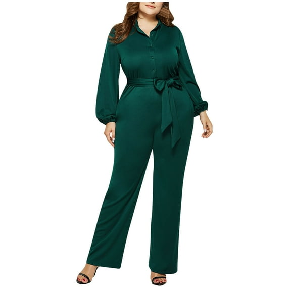 qolati Plus Size Jumpsuits for Women Dressy Button Down V Neck Long Sleeve High Waist Belted Wide Leg Elegant Formal Romper Jumpsuits Pockets