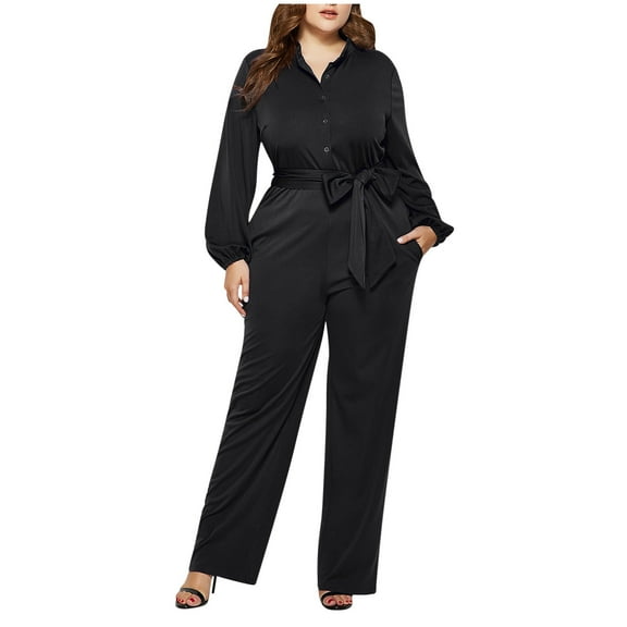 qolati Plus Size Jumpsuits for Women Dressy Button Down V Neck Long Sleeve High Waist Belted Wide Leg Elegant Formal Romper Jumpsuits Pockets