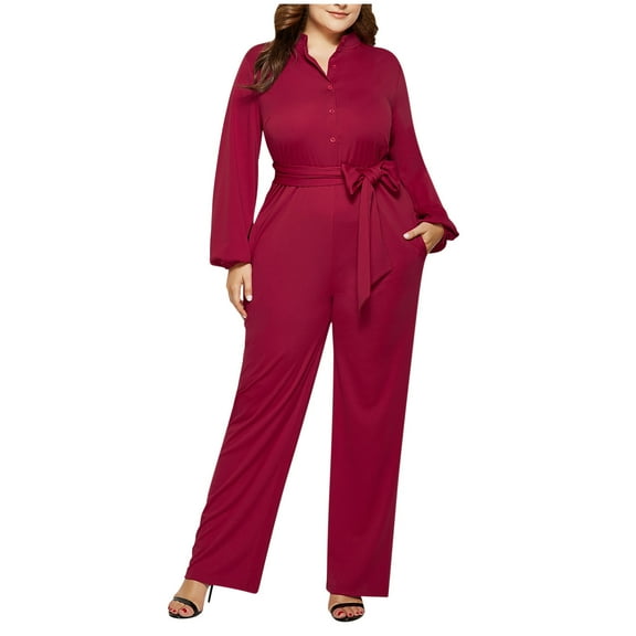 qolati Plus Size Jumpsuits for Women Dressy Button Down V Neck Long Sleeve High Waist Belted Wide Leg Elegant Formal Romper Jumpsuits Pockets