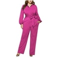 thumbnail image 1 of qolati Plus Size Jumpsuits for Women Dressy Button Down V Neck Long Sleeve High Waist Belted Wide Leg Elegant Formal Romper Jumpsuits Pockets, 1 of 5