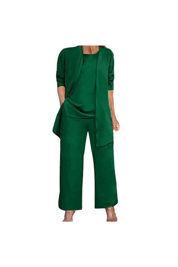 Plus Size Mother of Bride Pant Suits 3 Piece Chiffon Sets Sleeveless Top Long Sleeve Cardigan Jacket Wide Leg Pants Ruffle Layer Wedding Guest Formal Outfit